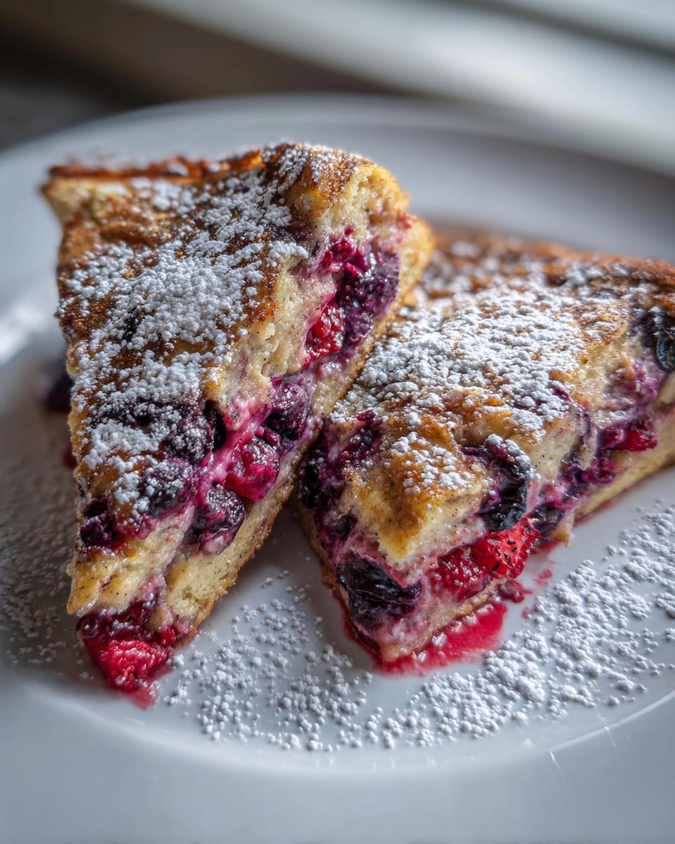 Two decadent slices of Berry French toast bake, rich with mixed berries and dusted heavily with powdered sugar.