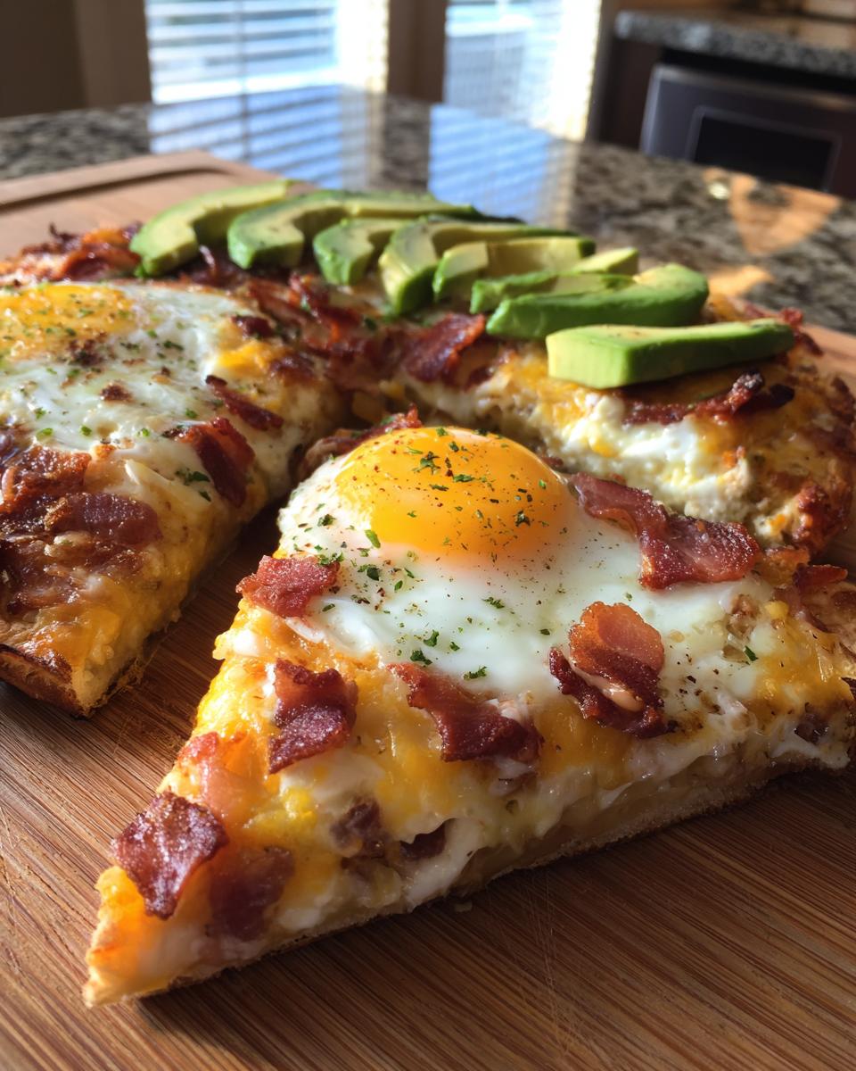 A close-up of a slice of breakfast pizza topped with a sunny-side-up egg, bacon, cheese, and sliced avocado.