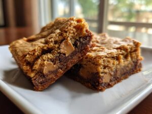 Two rich, fudgy butterscotch brownies featuring a crackly top and visible butterscotch chips.