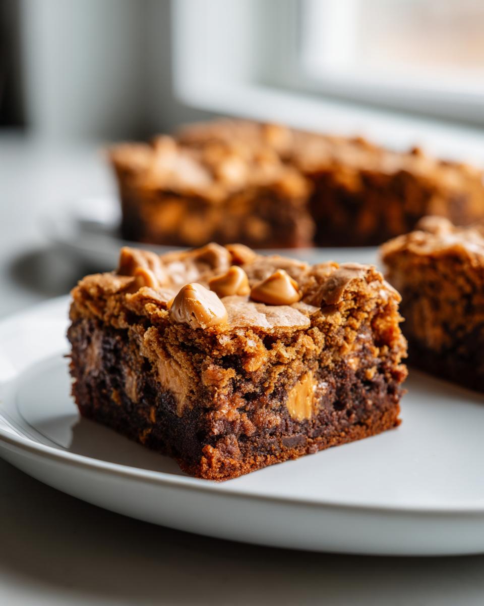 A close-up of a rich, fudgy butterscotch brownies square topped with melted butterscotch chips on a white plate.