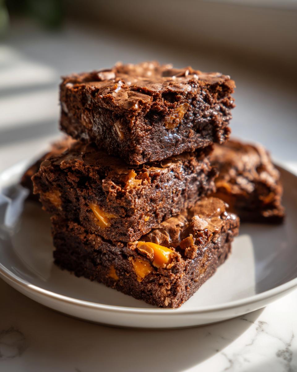 A stack of three rich, fudgy butterscotch brownies showing visible chunks of golden butterscotch mixed into the dark chocolate base.