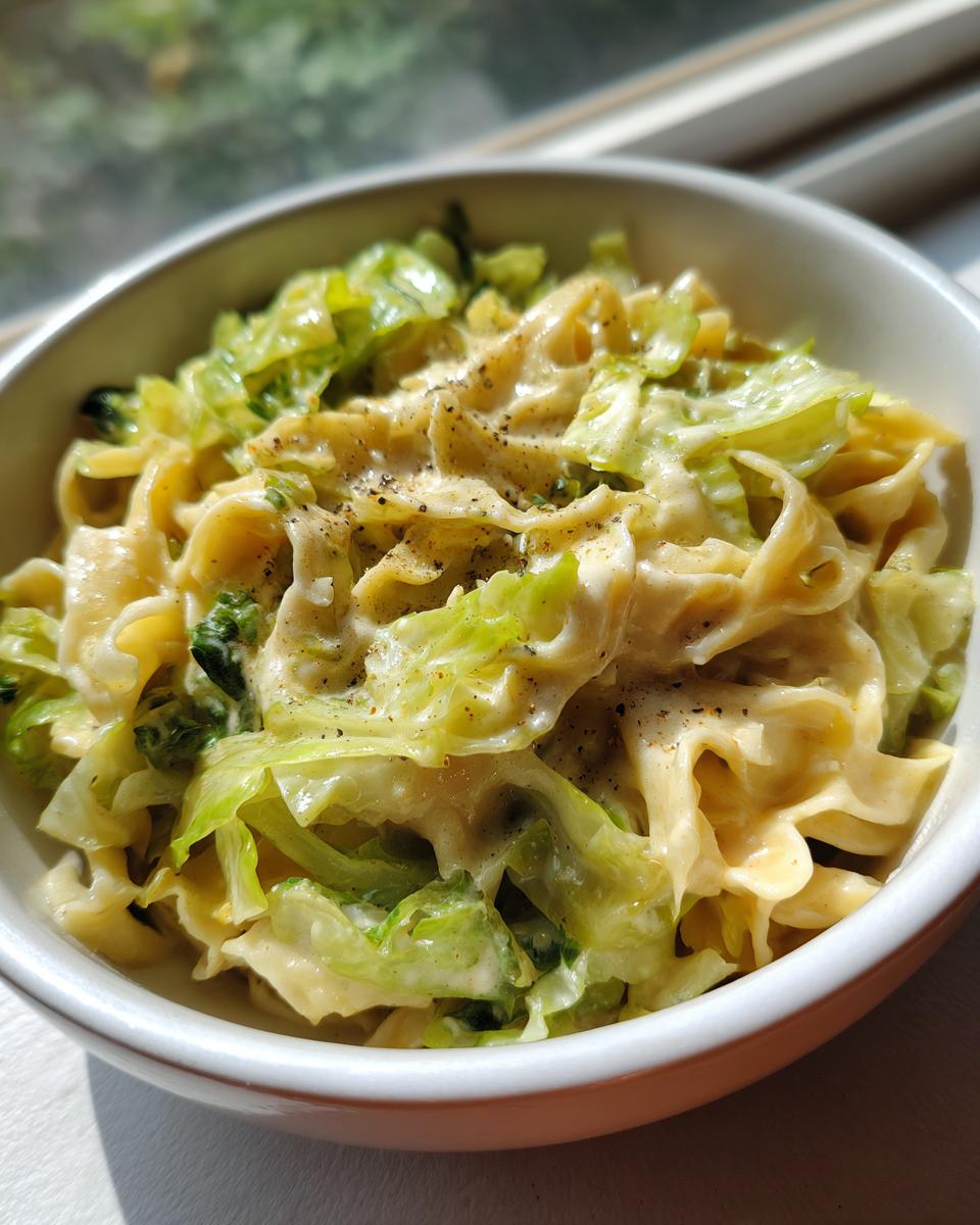 Close-up of a bowl filled with Cabbage Alfredo pasta, featuring wide noodles coated in a creamy sauce and mixed with bright green cooked cabbage.