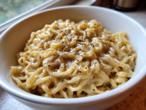 Close-up of creamy Carbonara buldak ramen noodles topped generously with cracked black pepper in a white bowl.