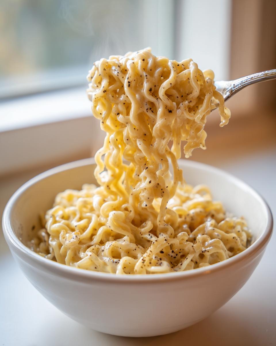 A fork lifts steaming, creamy noodles coated in black pepper from a white bowl of Carbonara buldak ramen.