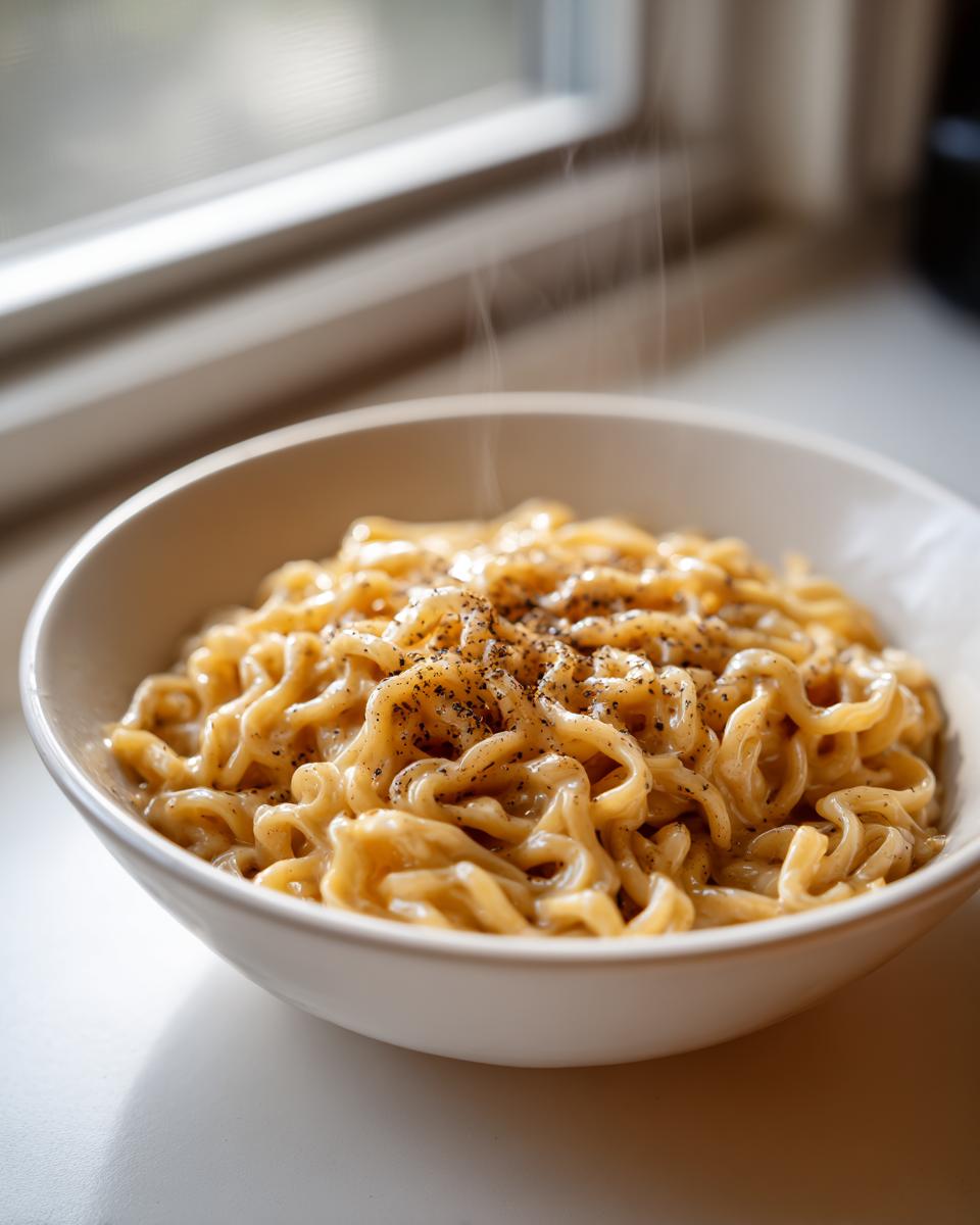 Close-up of a steaming bowl of creamy Carbonara buldak ramen noodles topped generously with black pepper.