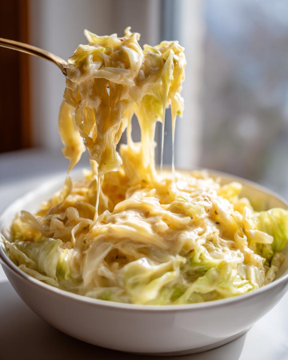 A golden fork lifts creamy, cheesy strands of Cabbage Alfredo from a white bowl, showing the cheese pull.