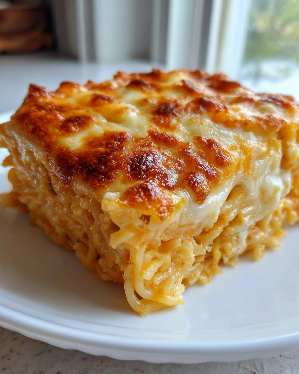 A square portion of cheesy Leftover spaghetti bake with a golden-brown, bubbly cheese topping on a white plate.