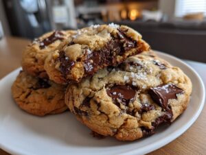 A stack of Chewy chocolate chip cookies topped with flaky sea salt, one cookie broken open to show gooey melted chocolate.
