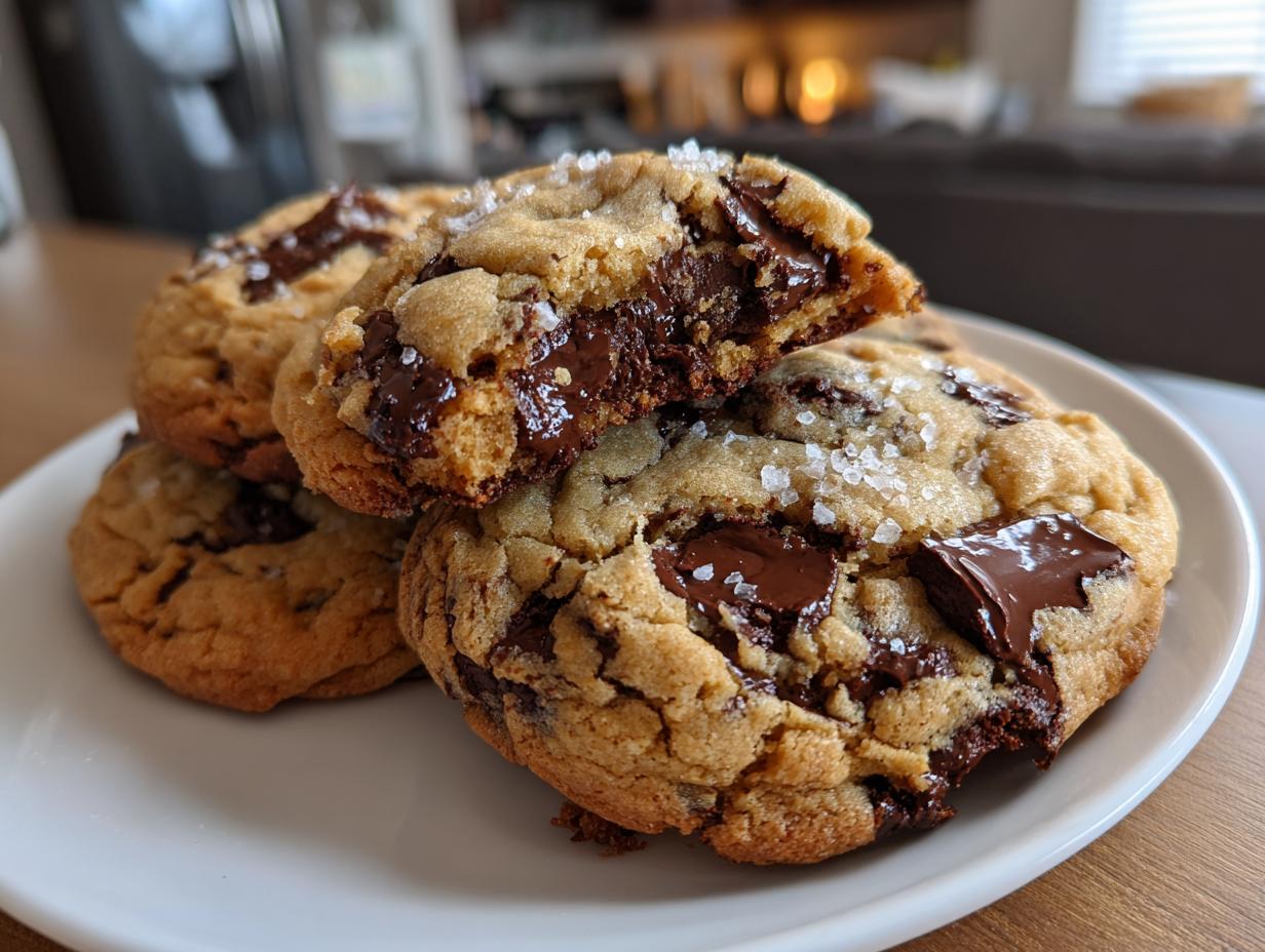 A stack of Chewy chocolate chip cookies topped with flaky sea salt, one cookie broken open to show gooey melted chocolate.