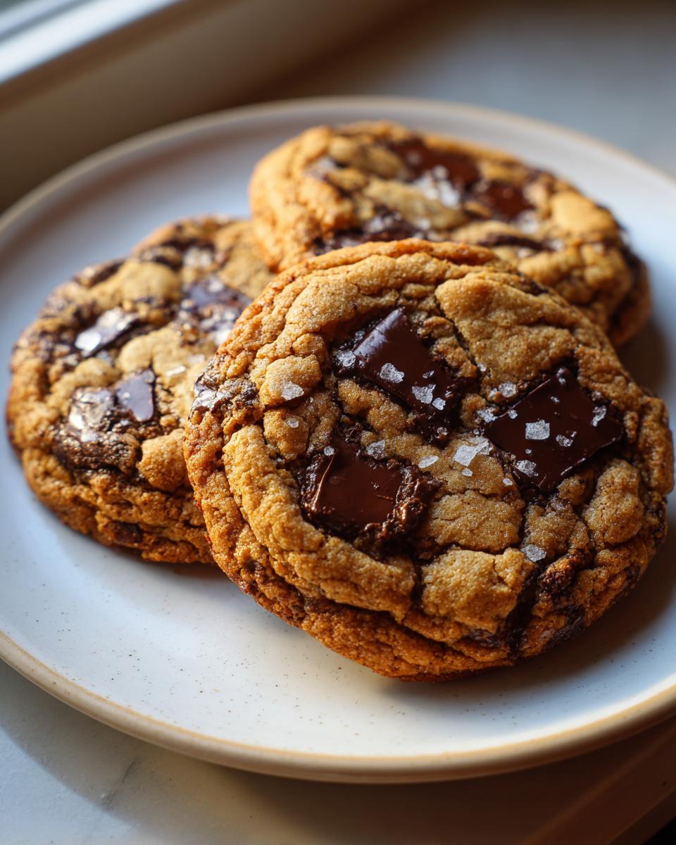 Three thick, chewy chocolate chip cookies topped with melted chocolate chunks and flaky sea salt on a light plate.