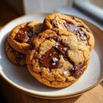 Close-up of three thick, chewy chocolate chip cookies topped with melted chocolate chunks and flaky sea salt.