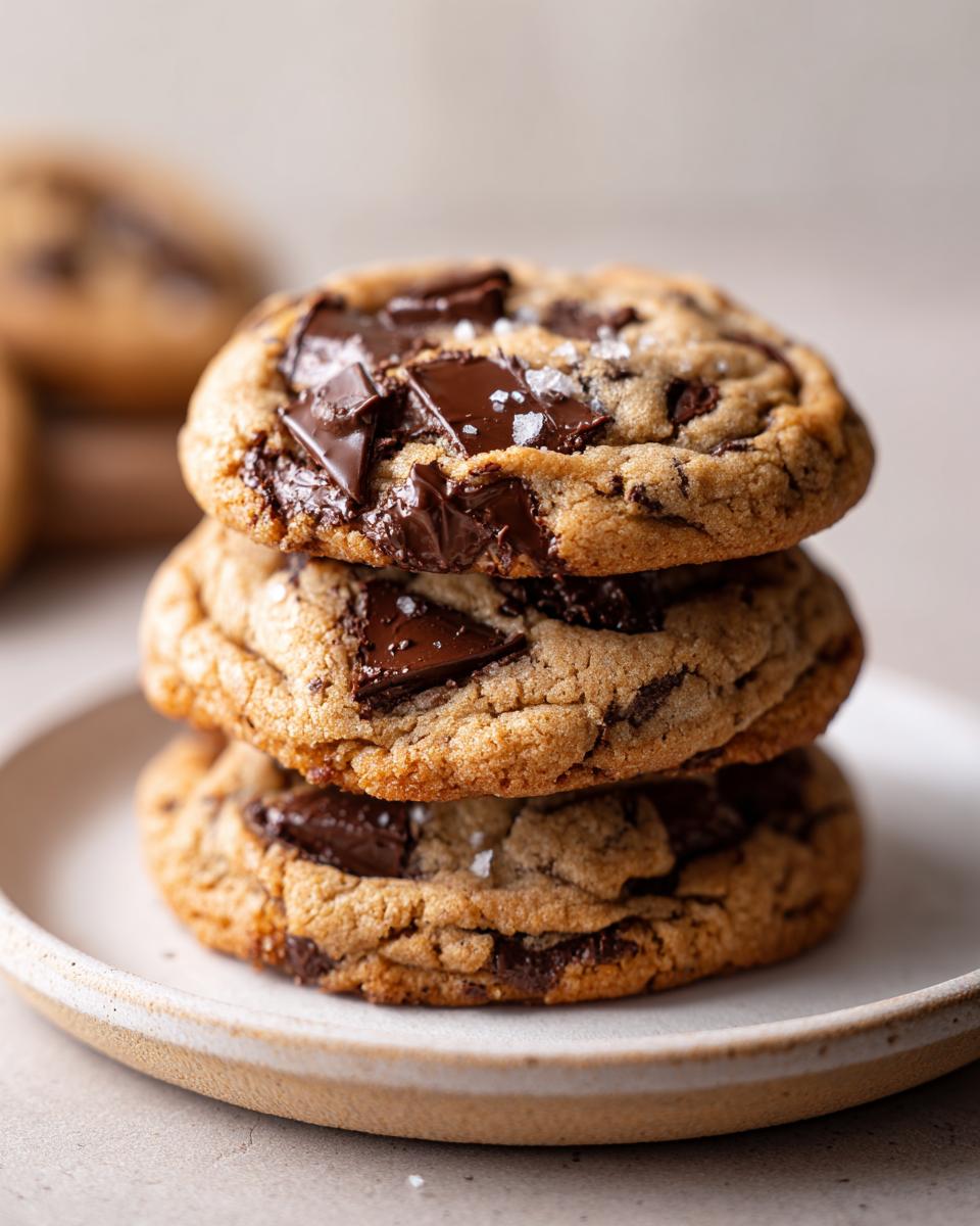 A stack of three thick, chewy chocolate chip cookies topped with melted chocolate chunks and flaky sea salt.