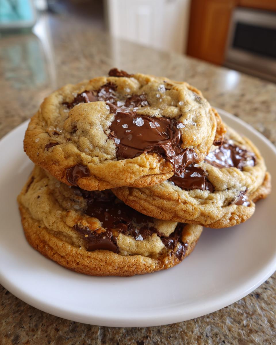Three thick, chewy chocolate chip cookies stacked on a white plate, topped with melted chocolate and flaky sea salt.