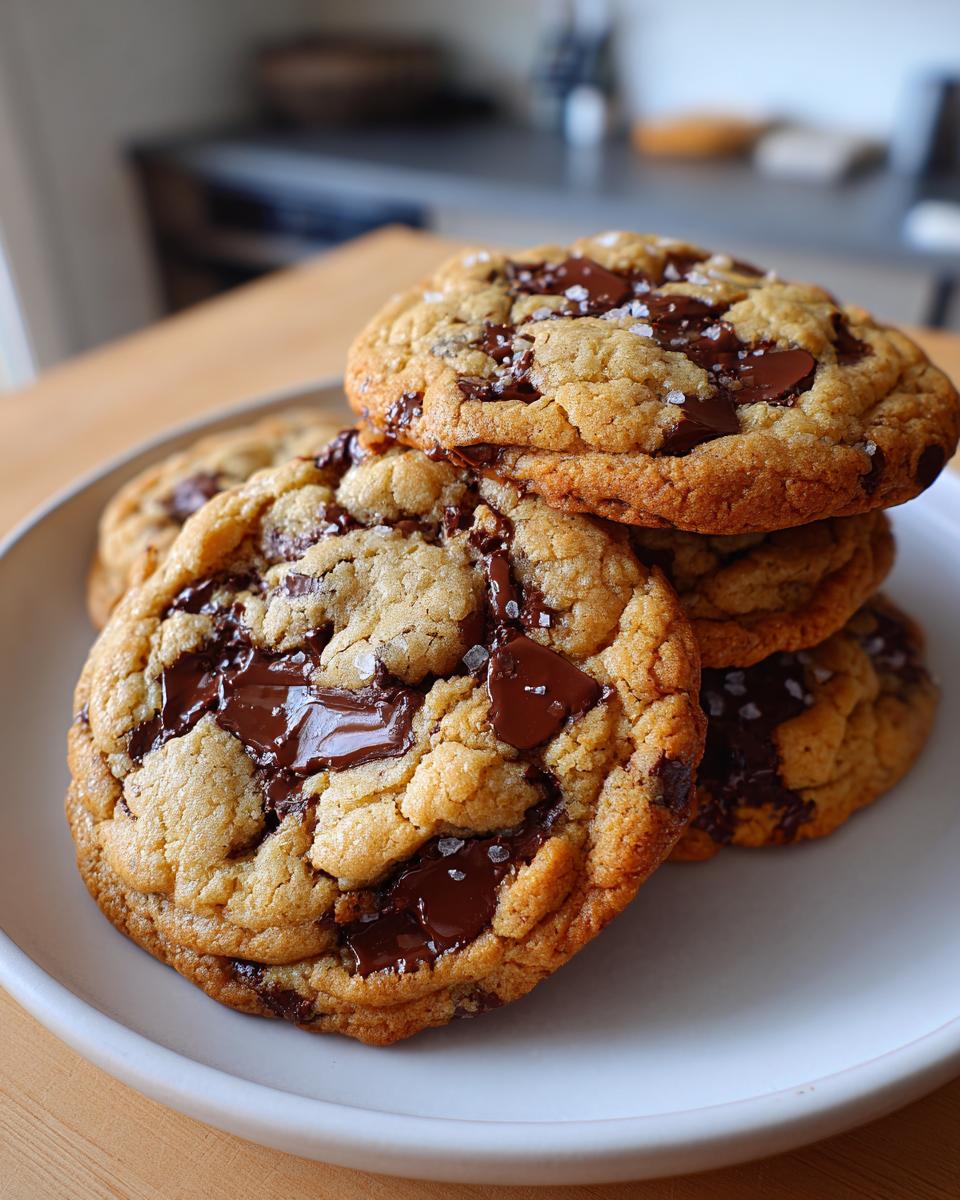 A tempting stack of Chewy chocolate chip cookies topped with melted chocolate chunks and flaky sea salt.