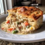 A close-up of a serving of chicken pot pie with biscuits, showing shredded chicken and vegetables in creamy sauce under a golden biscuit top.
