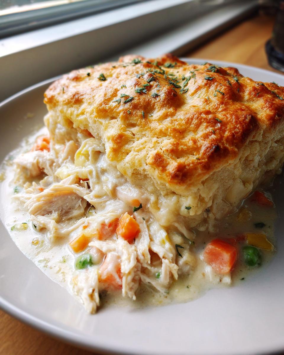 A close-up of a serving of chicken pot pie with biscuits, featuring shredded chicken and creamy vegetables under a golden biscuit.