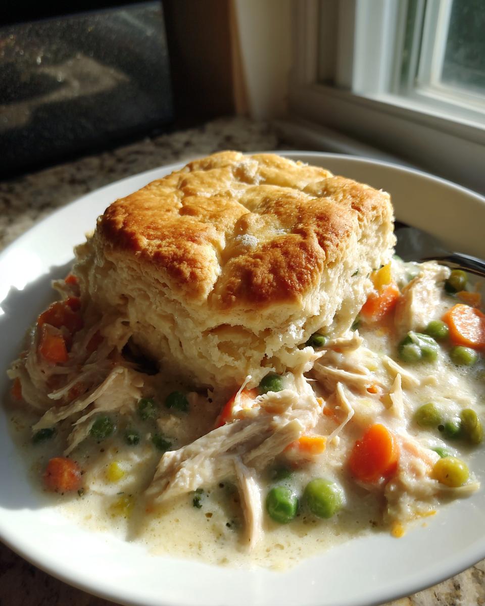 A serving of creamy chicken pot pie with biscuits, featuring shredded chicken, peas, and carrots under a golden, flaky biscuit.