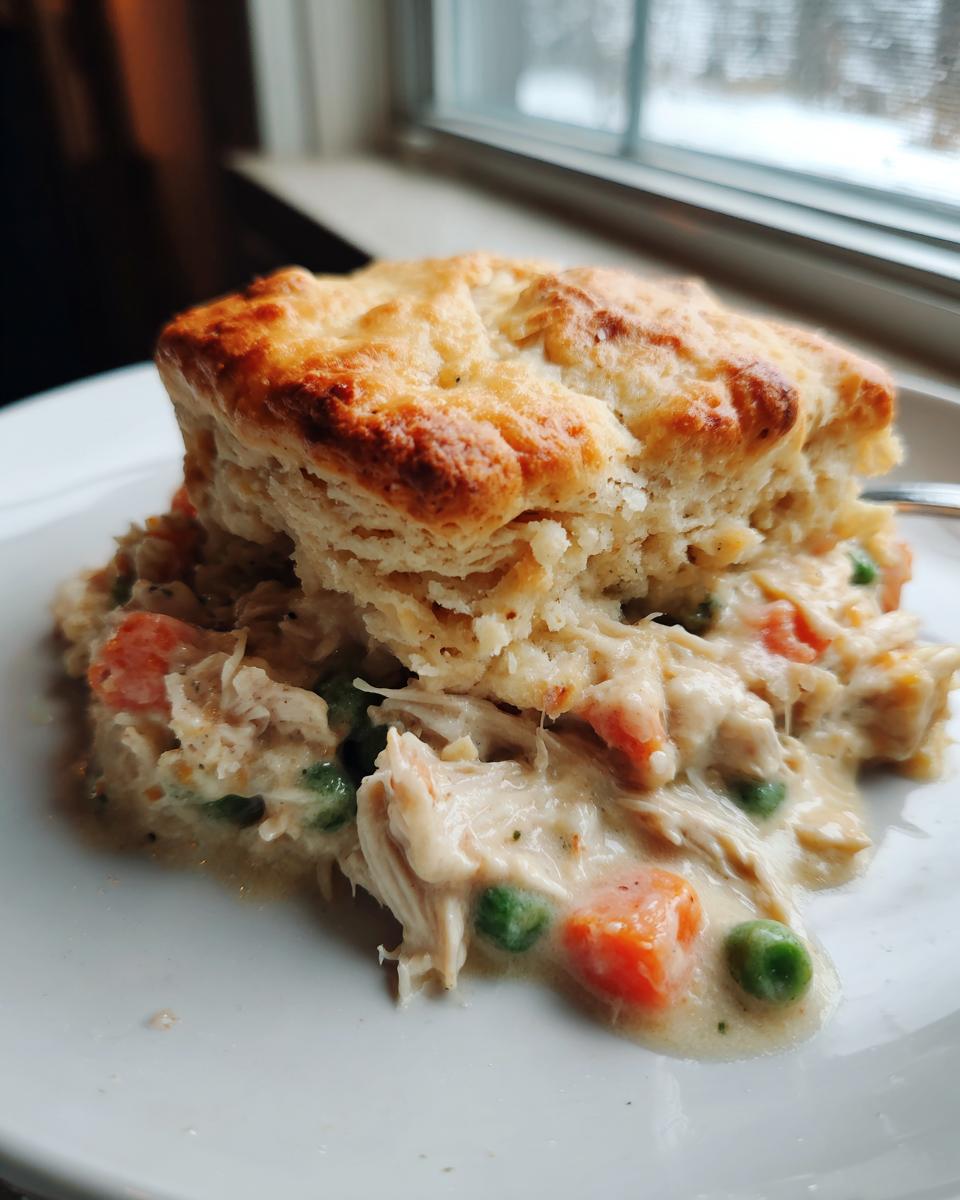 A hearty serving of creamy chicken pot pie with biscuits, featuring shredded chicken, carrots, and peas.