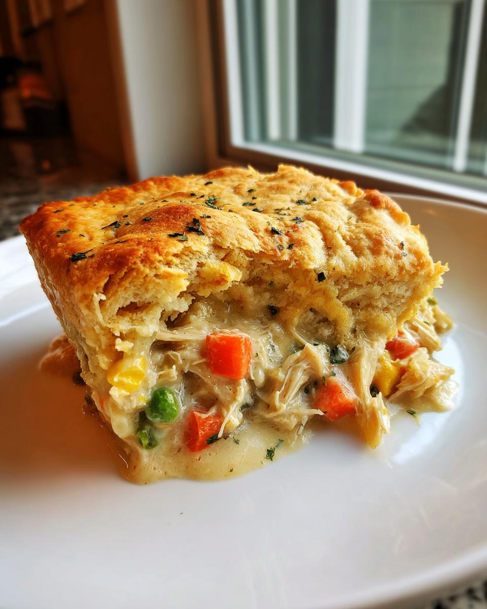 A close-up of a serving of chicken pot pie with biscuits, showing creamy filling with shredded chicken, carrots, peas, and corn.