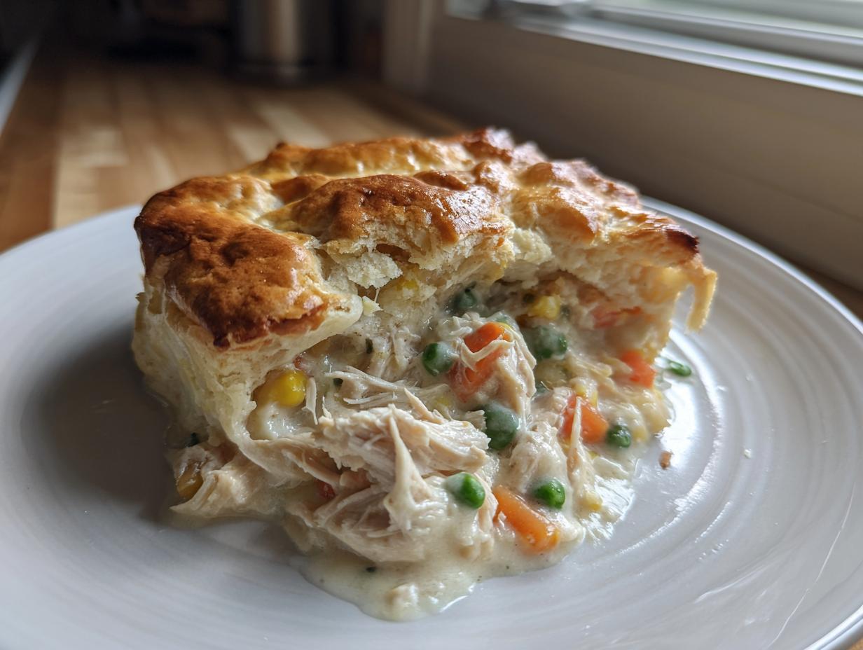 A close-up of a serving of chicken pot pie with biscuits, showing creamy filling with shredded chicken, peas, carrots, and corn under a flaky, golden crust.
