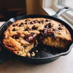 A freshly baked Chocolate Chip Skillet Cookie with gooey melted chocolate in a black cast iron pan.