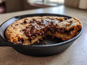 Close-up of a gooey Chocolate Chip Skillet Cookie in a cast iron pan with a piece removed, showing melted chocolate.