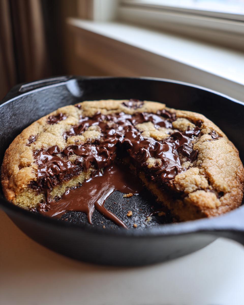 A warm Chocolate chip skillet cookie baked in cast iron with a wedge removed showing molten, gooey chocolate.