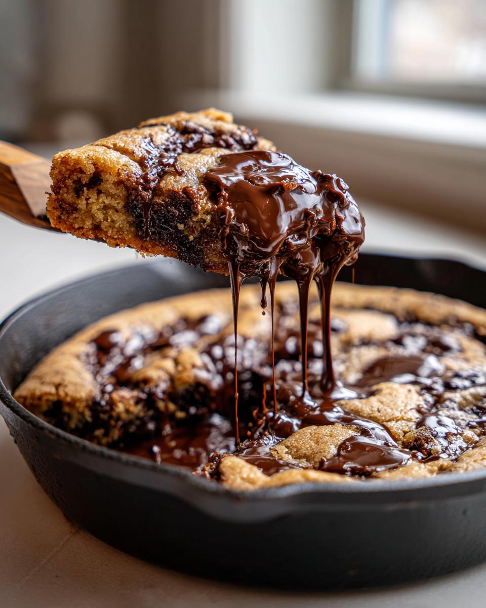 A wooden spatula lifts a gooey slice of chocolate chip skillet cookie dripping with melted chocolate.
