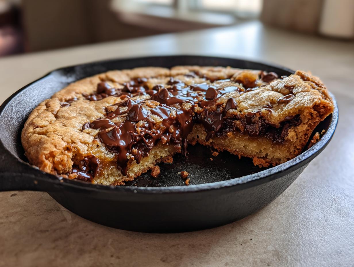 Close-up of a gooey Chocolate Chip Skillet Cookie in a cast iron pan with a piece removed, showing melted chocolate.