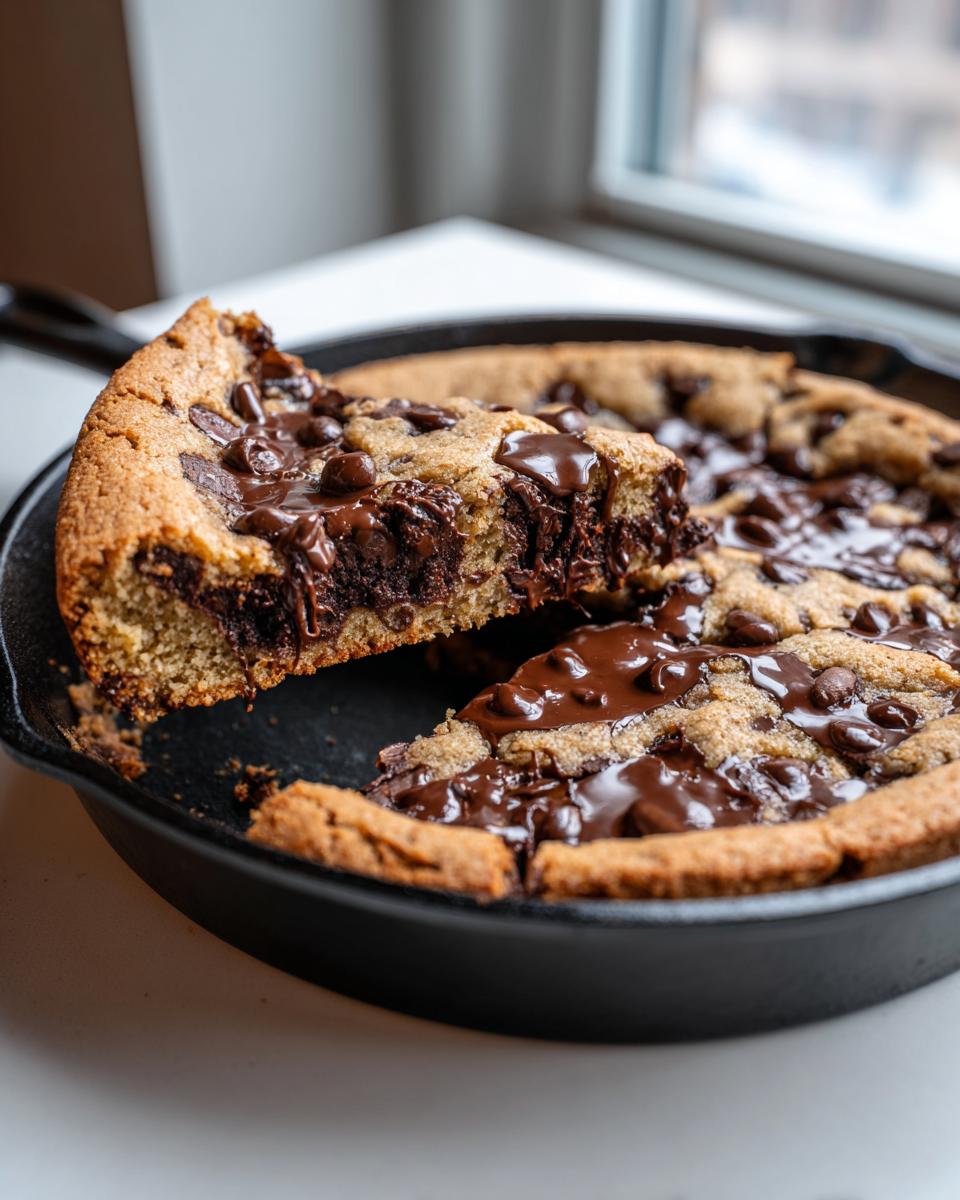 A freshly baked chocolate chip skillet cookie with a slice being lifted, showing gooey melted chocolate.