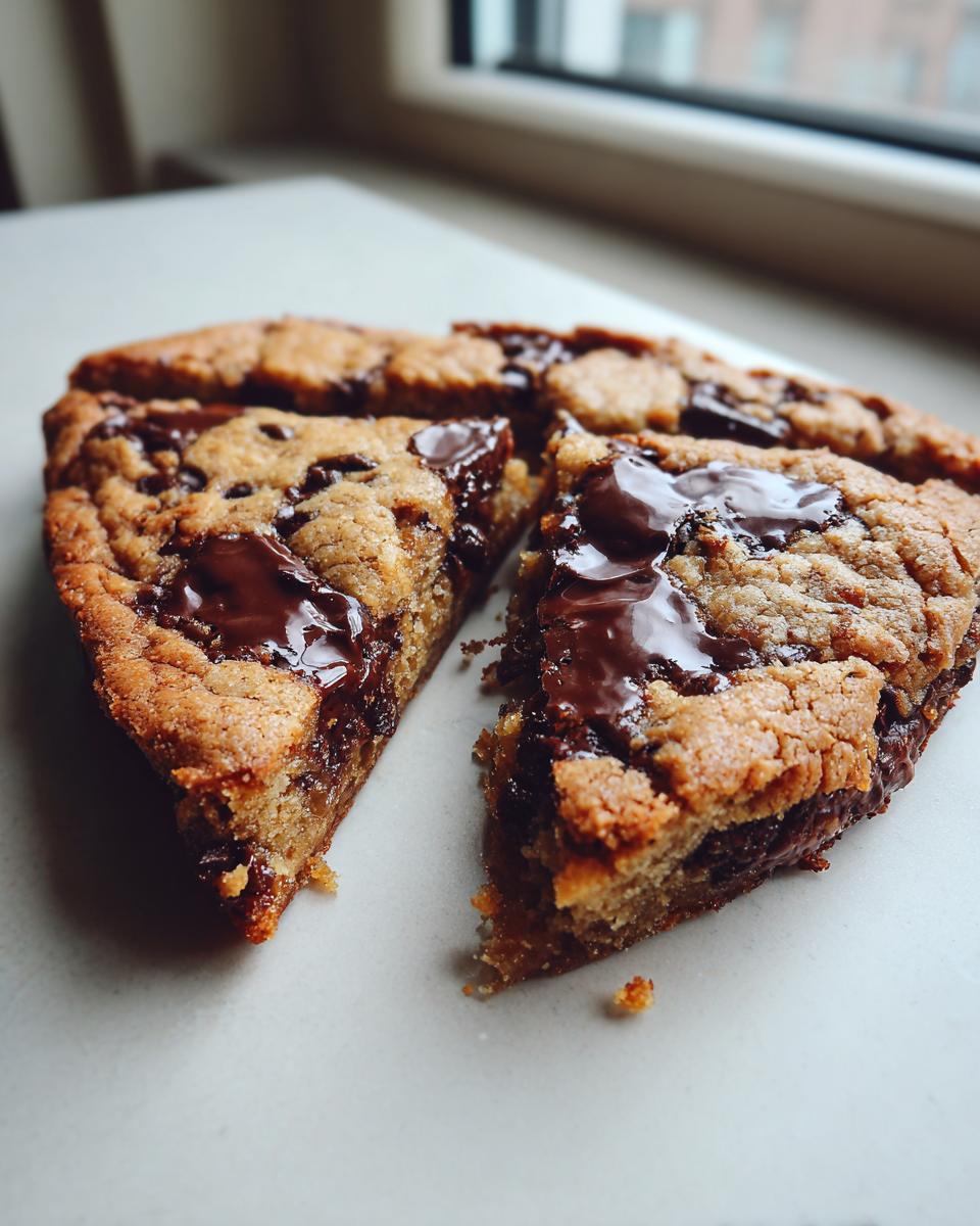 Close-up of three gooey slices cut from a large Chocolate Chip Skillet Cookie, featuring melted chocolate.