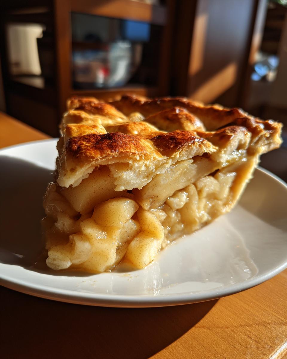 A close-up of a thick slice of Classic apple pie showing tender, spiced apple filling and a flaky, golden-brown lattice crust.