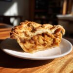 A close-up of a generous slice of Classic apple pie showing caramelized apple filling and a golden, flaky crust.