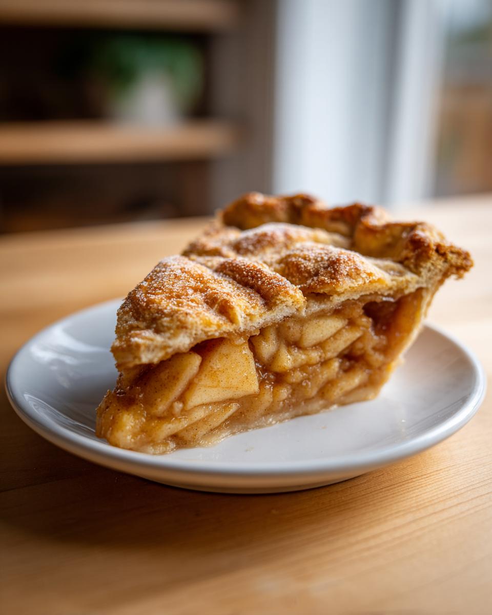 A close-up of a generous slice of classic apple pie showing thick apple filling and a sugared, golden-brown crust.