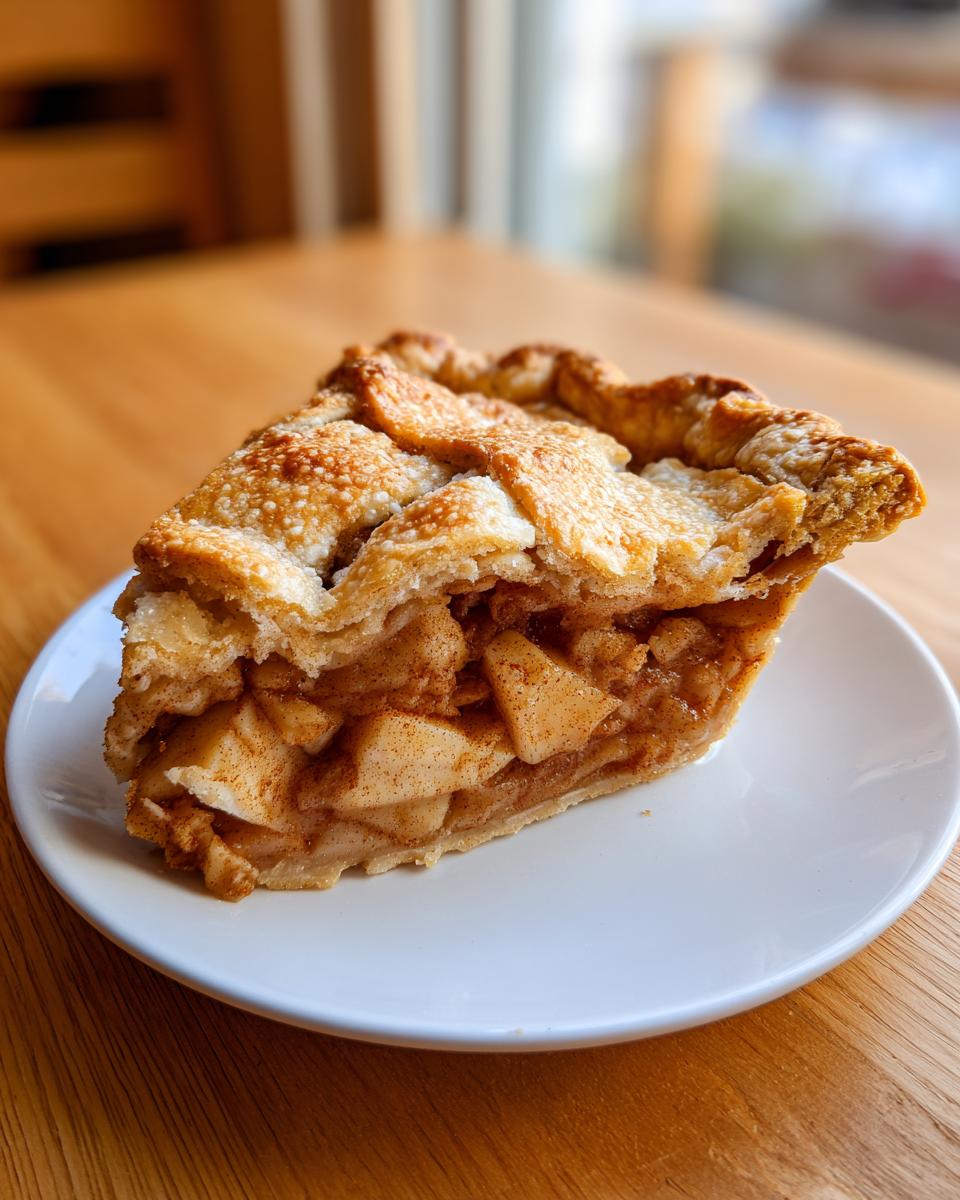 A close-up of a perfect slice of classic apple pie featuring a golden lattice crust and visible cinnamon-spiced apple filling.