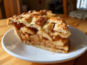 A close-up of a thick slice of classic apple pie showing the gooey filling and sugared lattice crust.