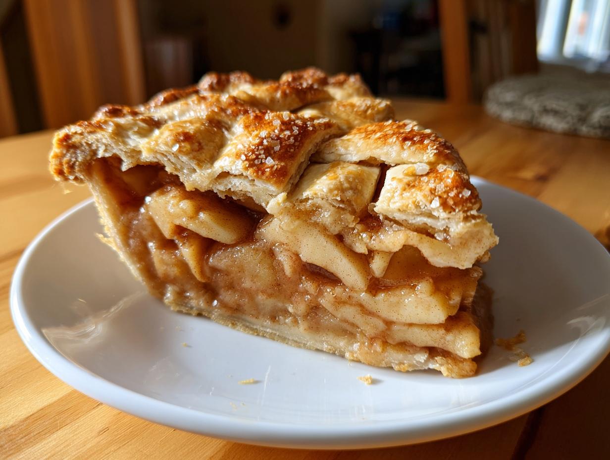 A close-up of a thick slice of classic apple pie showing the gooey filling and sugared lattice crust.