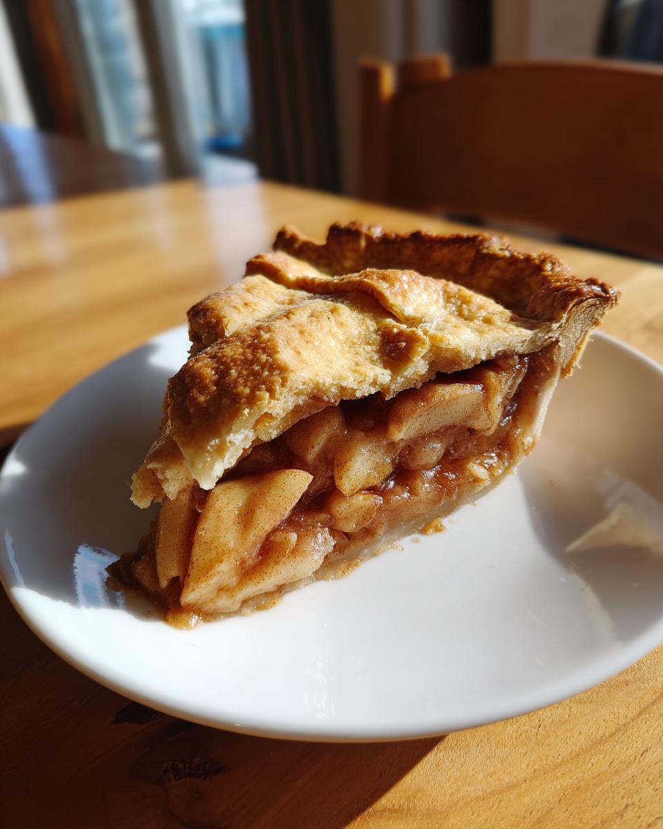 A close-up of a perfect slice of Classic apple pie showing cinnamon-spiced apple filling and flaky crust.