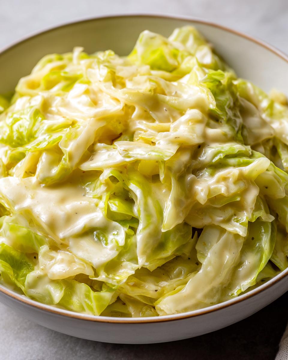 Close-up of tender cabbage coated in a rich, creamy sauce, showcasing the delicious Cabbage Alfredo recipe.