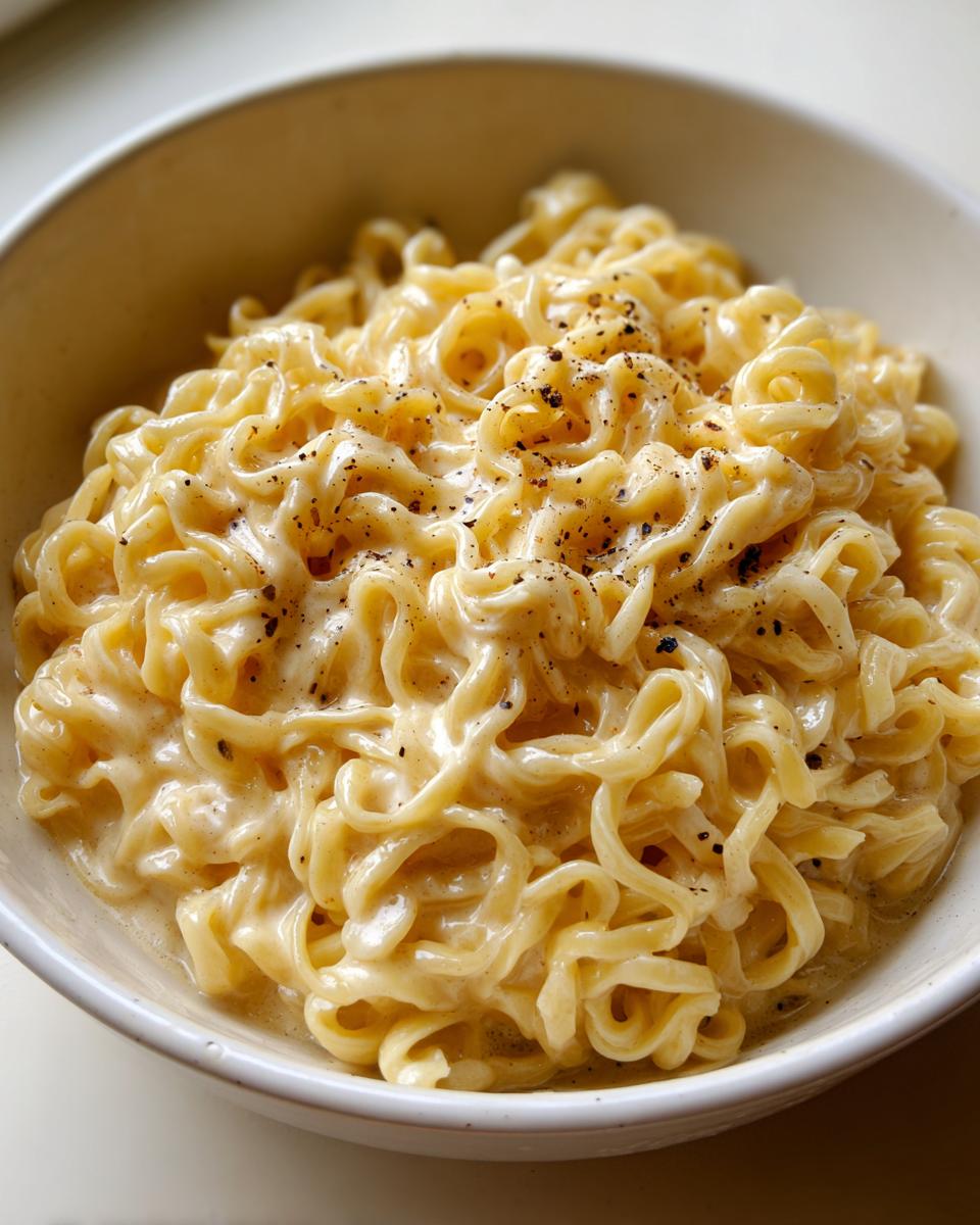 Close-up of creamy Carbonara buldak ramen noodles topped with cracked black pepper in a light bowl.