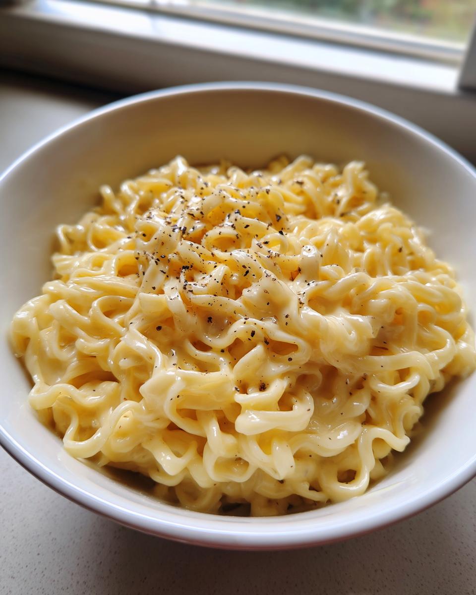 Close-up of creamy Carbonara buldak ramen noodles topped with freshly cracked black pepper in a white bowl.
