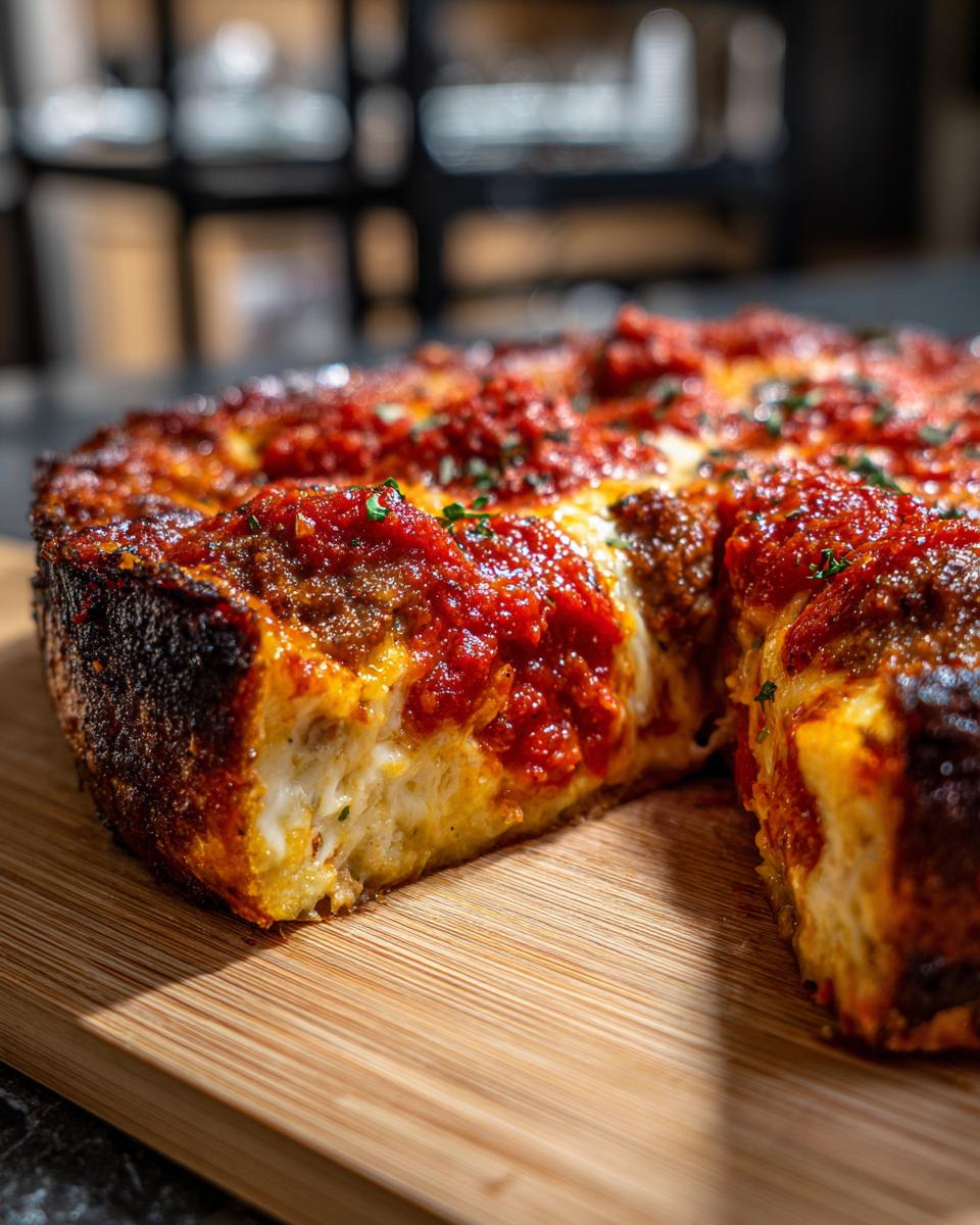 A thick slice cut from a freshly baked deep dish pizza, showing layers of cheese and chunky tomato sauce.
