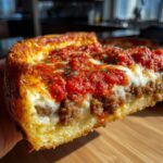 Close-up of a thick slice of deep dish pizza showing layers of golden crust, sausage, mozzarella, and chunky tomato sauce.
