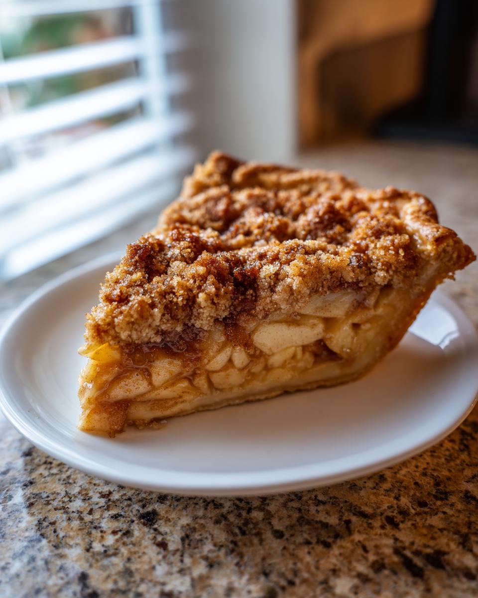 A close-up of a single slice of Dutch apple pie featuring thick apple filling and a rich streusel topping.