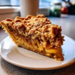 Close-up of a generous slice of Dutch apple pie featuring thick, spiced apple filling and a crunchy streusel topping.