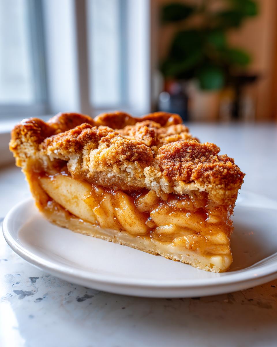 Close-up of a perfect slice of Dutch apple pie showing thick apple filling and a golden streusel topping.