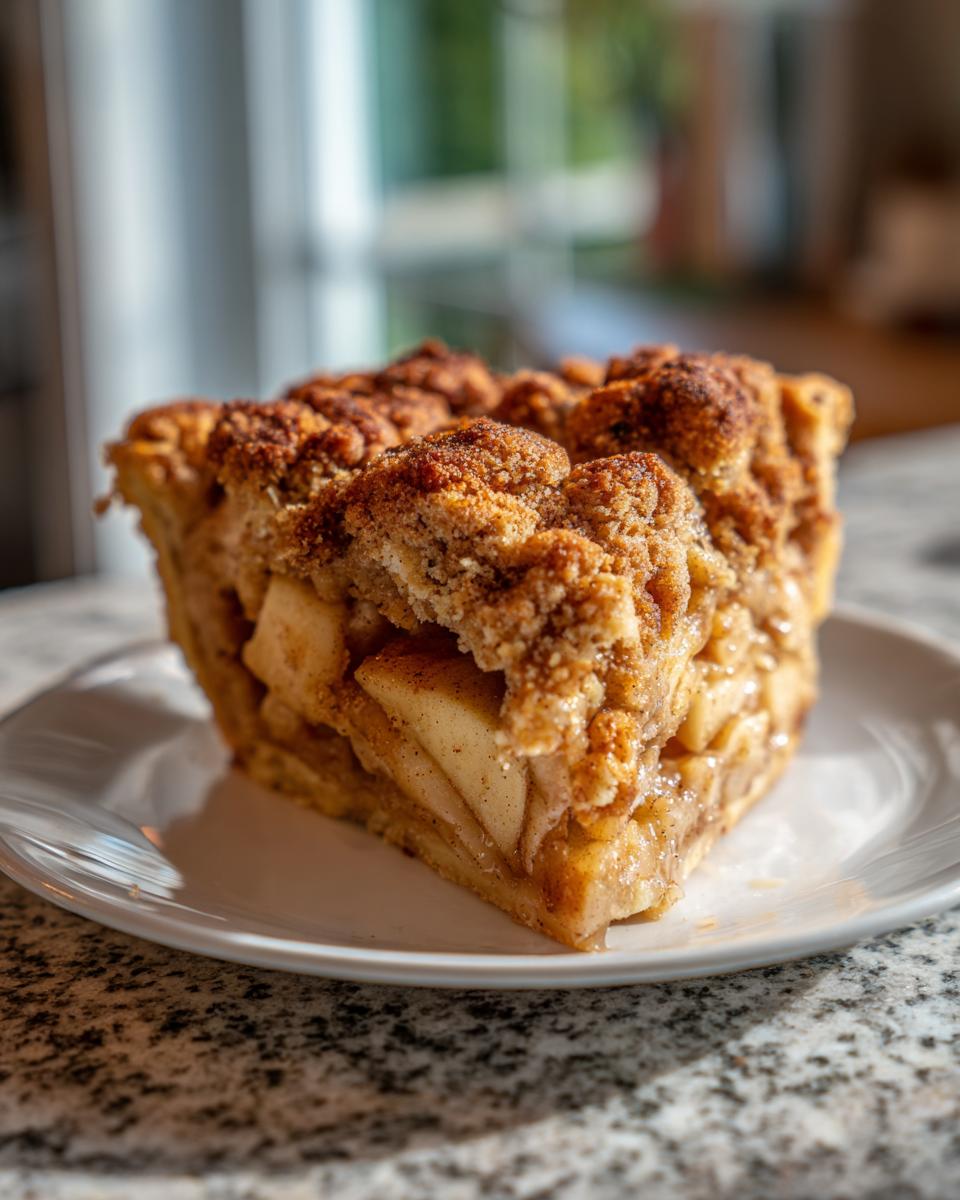 A close-up of a thick slice of Dutch apple pie featuring layers of spiced apples and a rich, brown streusel topping.