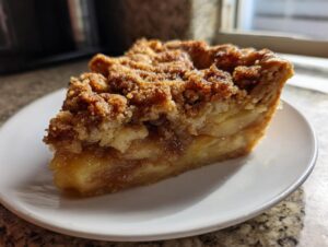 Close-up of a thick slice of Dutch apple pie showing tender apple filling and a rich, brown streusel topping.