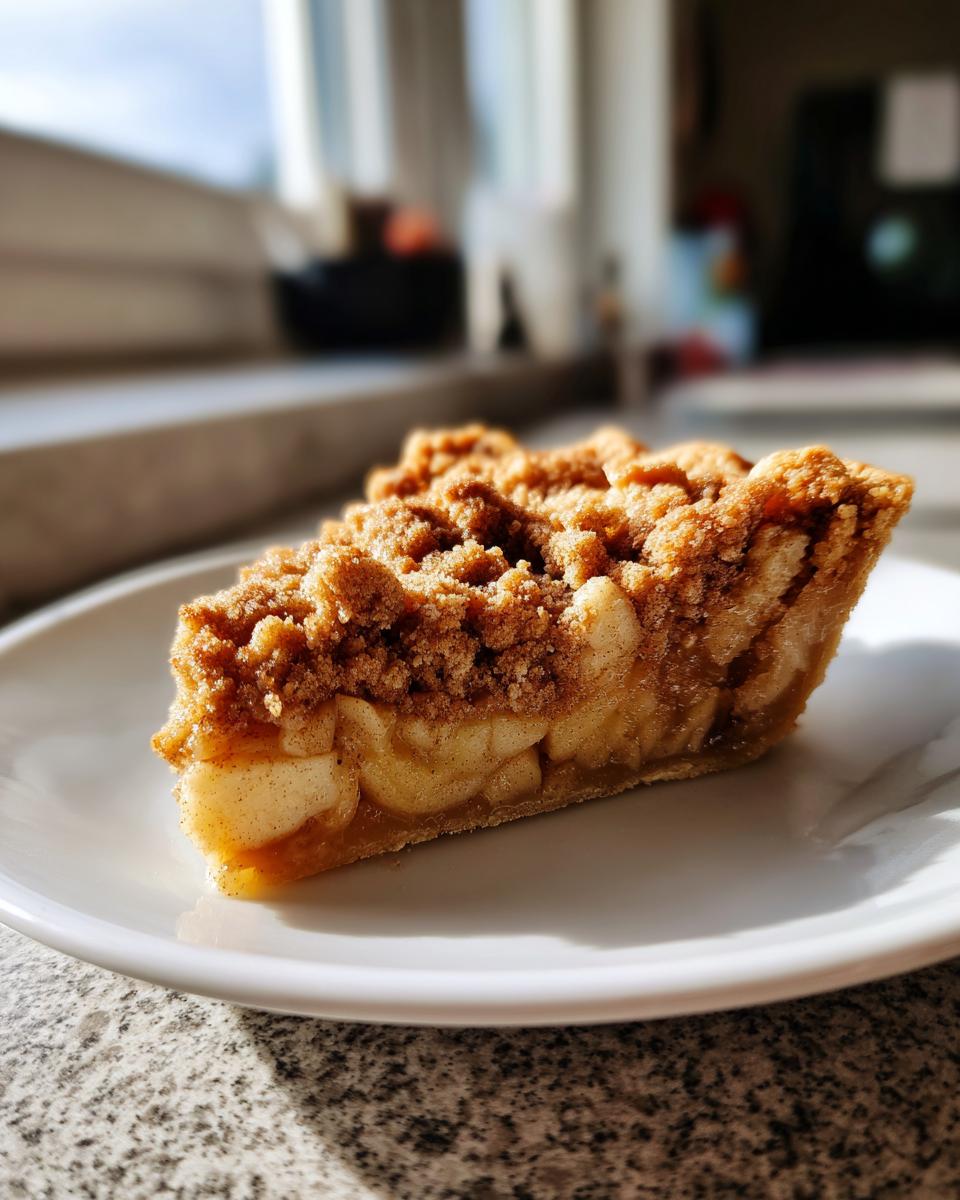 A close-up of a single slice of Dutch apple pie featuring thick apple filling and a brown streusel topping, served on a white plate.