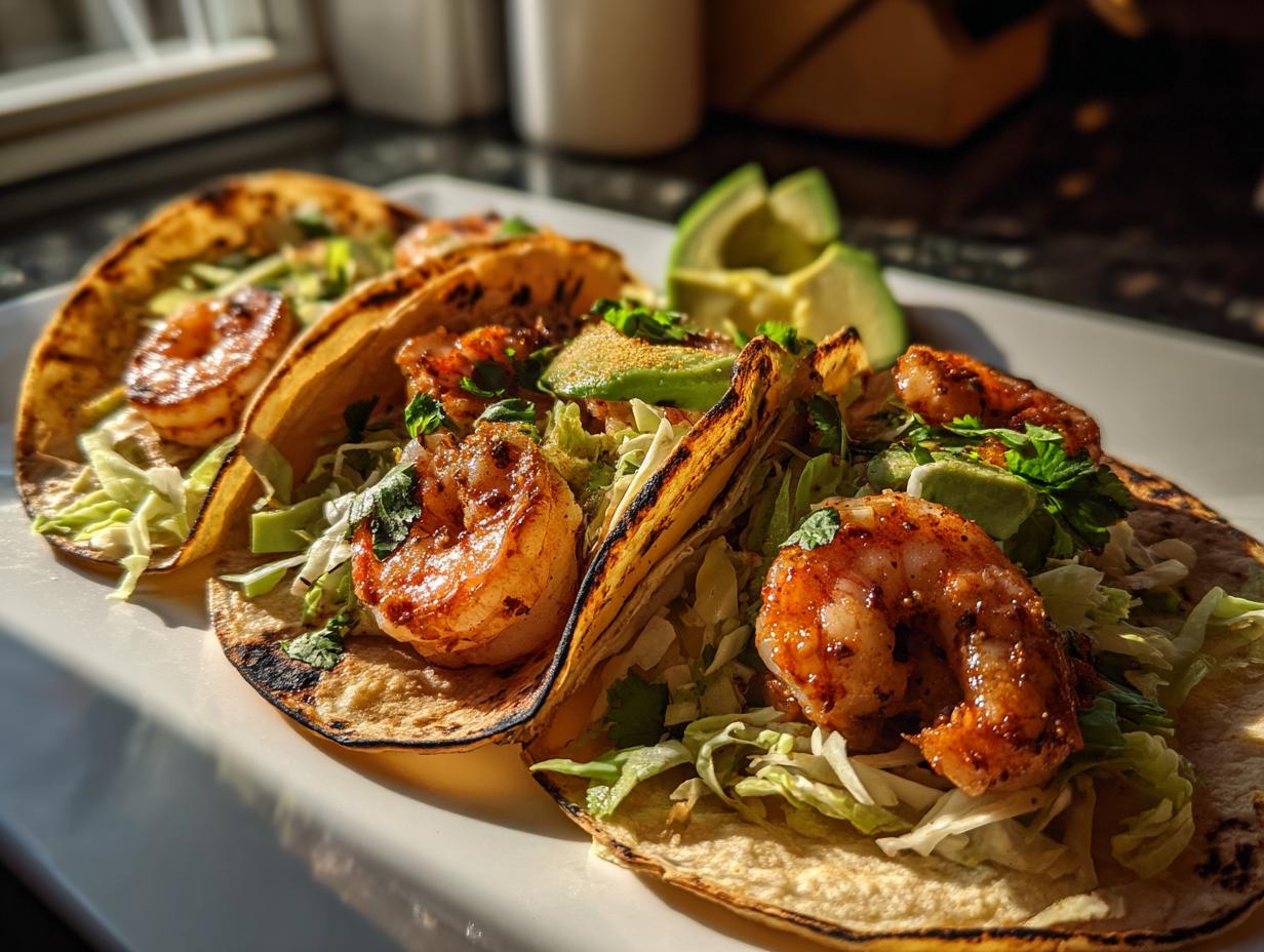 Close-up of three grilled shrimp tacos filled with seasoned shrimp, shredded cabbage, and avocado slices.